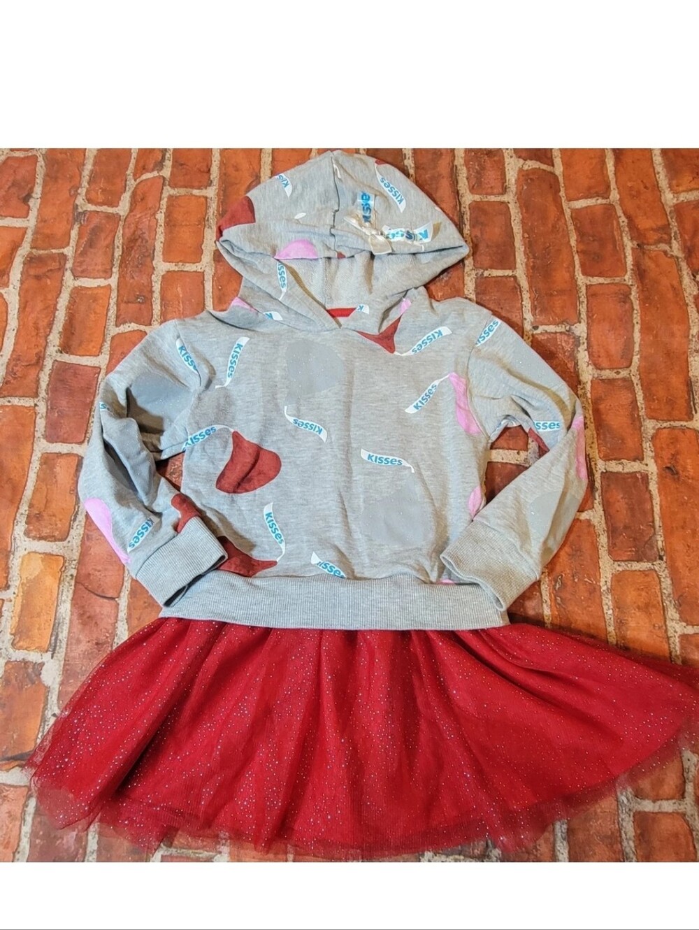 Hershey’s Kisses Hoodie Dress Size 4-5 XS Grey Red Glitter Tulle Skirt